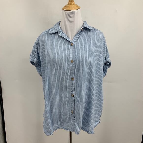 Faherty Shirt Womens S Small Linen Blend Breeze Stripe Button Cap Sleeve Cuffed - Picture 2 of 12